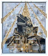 Ladda upp bild till gallerivisning, Originalmålning i blandteknik: "Cosmos" med Korpen Odin i ett kosmiskt landskap – målad på uppspänd målarduk och inramad med en L-listram. Av Denize Artuñedo Engblom.