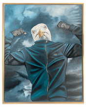 Ladda upp bild till gallerivisning, Originalmålning i blandteknik av Denize Artuñedo Engblom: "Stronger" med Fiskmåsen Mozart – målat på duk, inramat i vit L-listram med guldkant.