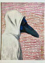 Ladda upp bild till gallerivisning, Handförädlat Fine Art-tryck "The Raven: Passages" av Denize Artuñedo Engblom – Korpen Odin framför ett hav av handmålade miljonprogramshus.