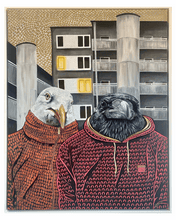 Ladda upp bild till gallerivisning, BRÖDER - Originalmålning av Korpen Odin och Fiskmåsen Mozart framför miljonprogramshus i Husby – en hyllning till broderskap bortom blodsband.