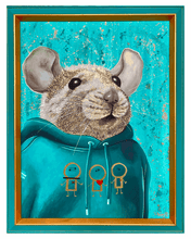 Ladda upp bild till gallerivisning, Originalmålning av Råttan Pipette i hoodie med symboler för otrygga anknytningsstilar, skapad i blandteknik och inramad i handdekorerad ram av DenART.