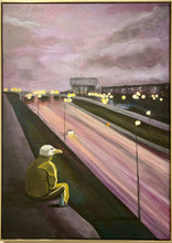 Ladda upp bild till gallerivisning, Blick över E18 – Originalmålning i akryl av Denize Artuñedo Engblom. Fiskmåsen Mozart blickar ut över motorvägen E18 med Tenstas vattentorn i bakgrunden.