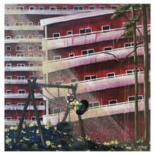 Ladda upp bild till gallerivisning, Originalmålning i blandteknik: "Playground" av DenART – Råttan Pipette gungande i ett förortslandskap. Handmålad på duk och inramad i vit L-listram.