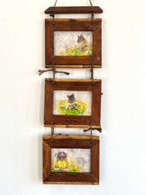 Ladda upp bild till gallerivisning, Originalmålning i blandteknik av Denize Artuñedo Engblom. "Picking Dandelions" – tryptik med Råttan Pipette, målat på mönstrat papper och inramat i återbrukade träramar.