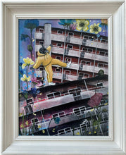 Ladda upp bild till gallerivisning, BALANCE - Originalmålning av Korpen Odin balanserande över tak i miljonprogram, konst av Denize Artuñedo Engblom