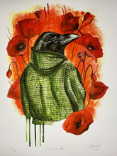 Ladda upp bild till gallerivisning, THE RAVEN: POPPY - Fine Art-tryck med Korpen Odin framför vallmoblommor – en del av en fyrdelad blomserie. Av DenART.