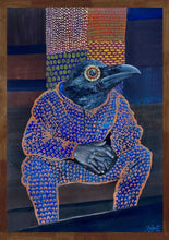 Ladda upp bild till gallerivisning, The Opportunist – originalmålning i akryl av DenART. Porträtt av Korpen Odin mot mönstrad bakgrund, inramad i tunn träram.