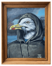 Ladda upp bild till gallerivisning, MÅSEN OCH HAVET - Ett av mina originalverk i olja, målad på pannå och inramad med klassisk träram. Verket är en tolkning av Den Gamle Sjöbjörnen av Harry Haerendel.
