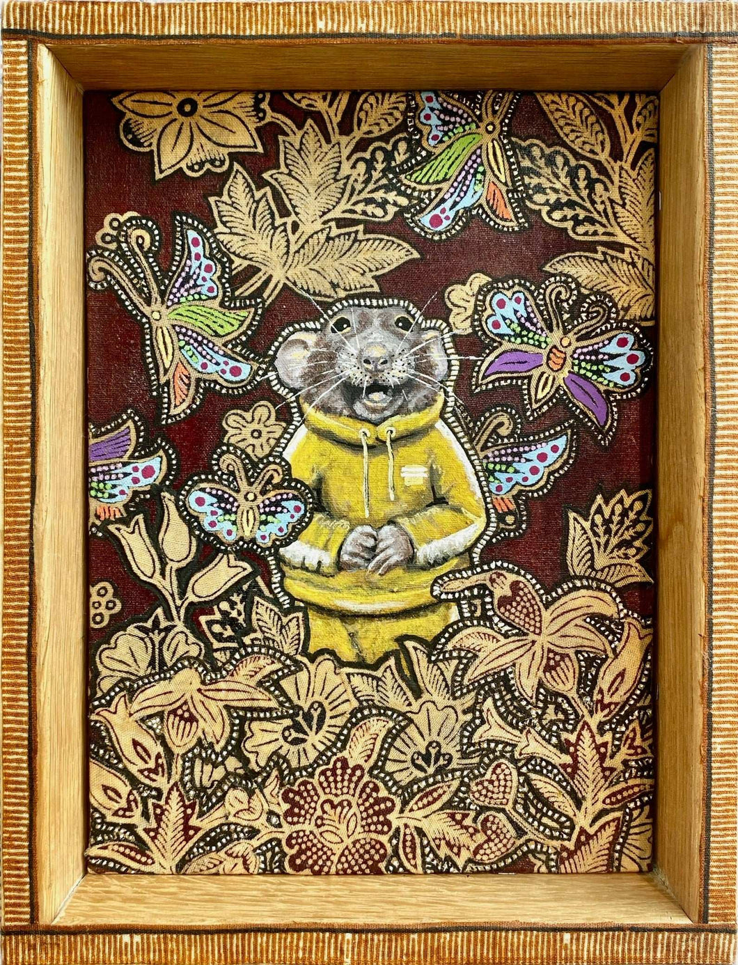 Butterfly Garden - originalmålning i blandteknik målad på batiktyg. Av DenART med karaktären råttan Pipette. 