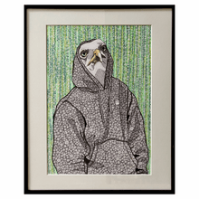 Ladda upp bild till gallerivisning, &quot;Patterns&quot; – originalmålning i tusch på papper av Denize Artuñedo Engblom. Porträtt av Fiskmåsen Mozart, inramad i svart ram med passpartout.


