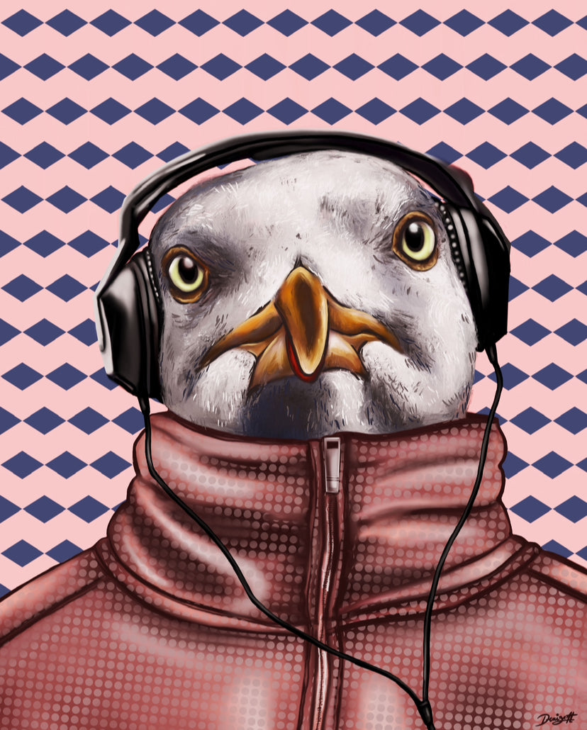 Fiskmåsen Mozart – digitalt konstverk av Denize Artuñedo Engblom. Ett intensivt porträtt i serieteckningsstil, tillgängligt som poster och Fine Art-tryck.
