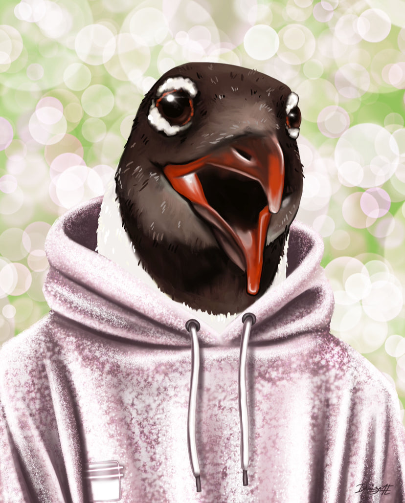Skrattmåsen Rosie – digital konst av Denize Artuñedo Engblom. Ett uttrycksfullt porträtt i serieteckningsstil, tillgängligt som poster och Fine Art-tryck.

