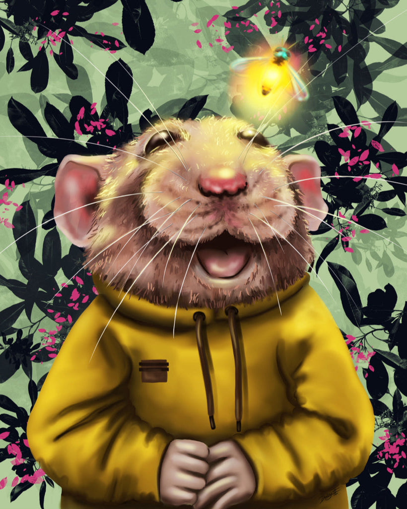 Råttan Pipette – digitalt konstverk av Denize Artuñedo Engblom. Ett ömsint motiv där Pipette betraktar en fjäril, tryckt som poster och Fine Art-tryck i 40×50 cm.
