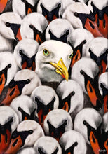 Ladda upp bild till gallerivisning, THE UGLY DUCKLING THAT BECAME A SEAGULL - Digital konst med Fiskmåsen Mozart omgiven av svanar – inspirerat av sagan om den fula ankungen.


